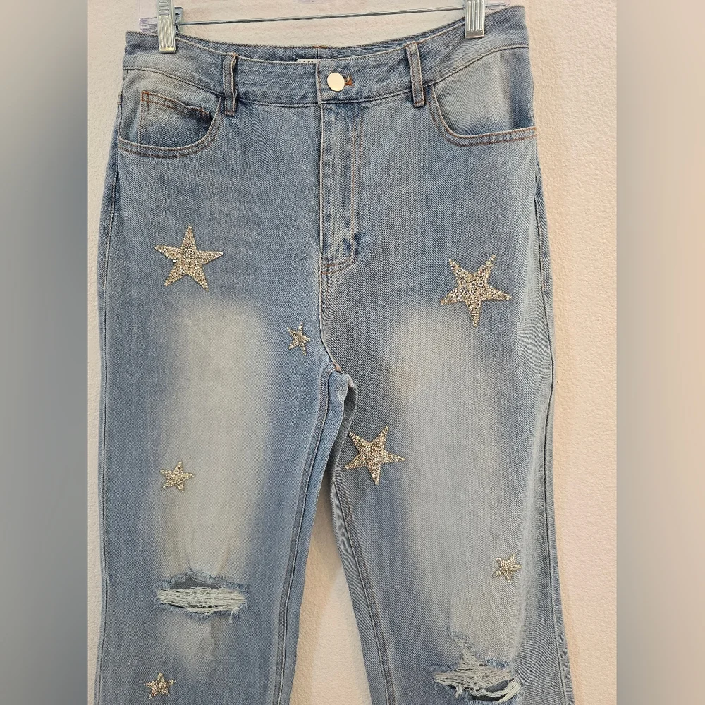 Why Dress NWT Embroidered Embellished Star Light Blue Denim Wide Leg Jeans Large - Picture 7 of 10